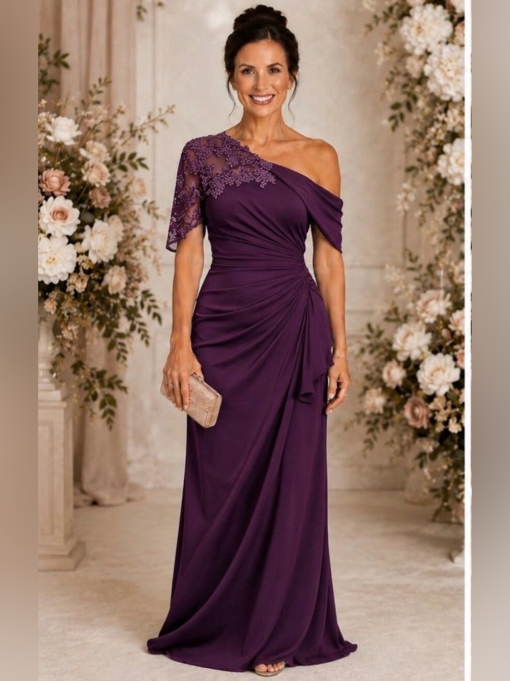 Plum Purple Beaded Sleeve One Shoulder Formal Gown Size 6 NWT Corset Back Slit